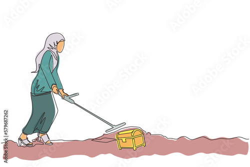 Continuous one line drawing Arab businesswoman with metal detector looking for treasure chest. Woman treasure seeker with metal detector finding precious jewel. Single line draw design vector graphic