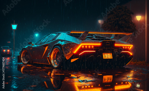 Neon colored sports car in the rain. Generative AI.