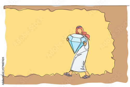 Continuous one line drawing businesswoman carrying treasure chest from underground. Treasure digging, growth wealth concept lucky rich woman, hard working process. Single line design vector graphic