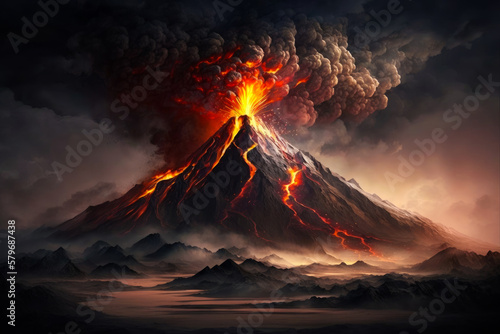 An image of volcano erupting with lava. Generative AI.