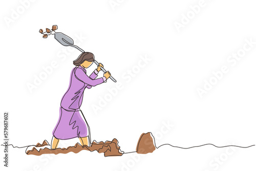 Continuous one line drawing businesswoman digging in dirt using shovel. Woman in blazer dig ground with spade. Treasure digging, growth wealth concept lucky rich woman. Single line draw design vector