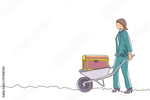 Single continuous line drawing Arabian businessman pushing cart with treasure chest. Wheelbarrow with golds, jewelry, treasures. Business and finance concept. One line draw design vector illustration