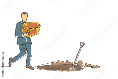 Single one line drawing businessman walking and holding treasure chest. Man with treasure box that contained many gold coins. Business metaphor. Continuous line draw design graphic vector illustration