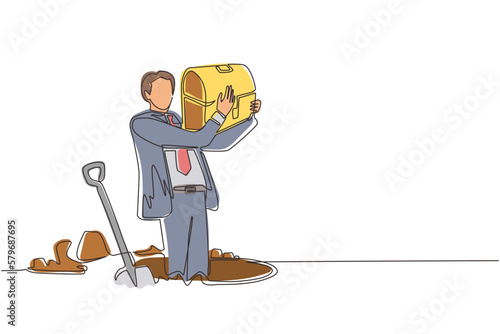 Continuous one line drawing happy man hunter seeker hold chest find treasure in ground. Excited businessman with gem artefact. Treasure gold hunting. Single line design vector graphic illustration