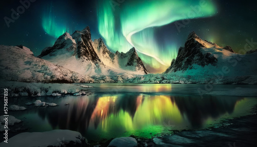 The aurora bore lights up the sky over mountains. Generative AI.