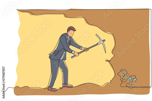 Single continuous line drawing businessman digging with pickaxe to get diamond. Worker digging and mining for diamond in an underground tunnel. Dynamic one line draw graphic design vector illustration