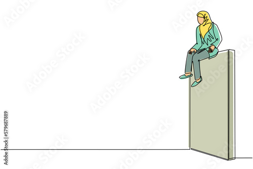 Single one line drawing Arabic businesswoman sad sitting on wall thinking of profit loss, crisis and financial losses in trading market. Evaluation business concept. Continuous line draw design vector
