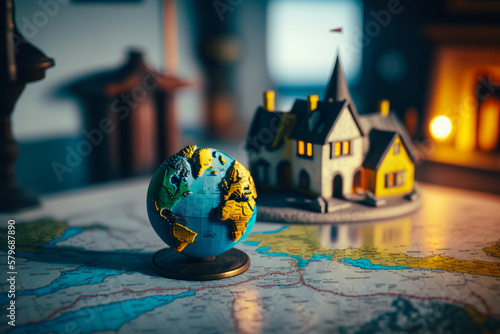 Miniature globe sitting on top of map. Generative AI.
