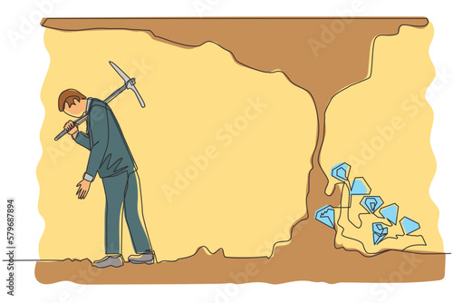 Single continuous line drawing businessman give up before reach money and diamonds. Worker gives up digging not knowing precious diamond is almost revealed. One line graphic design vector illustration