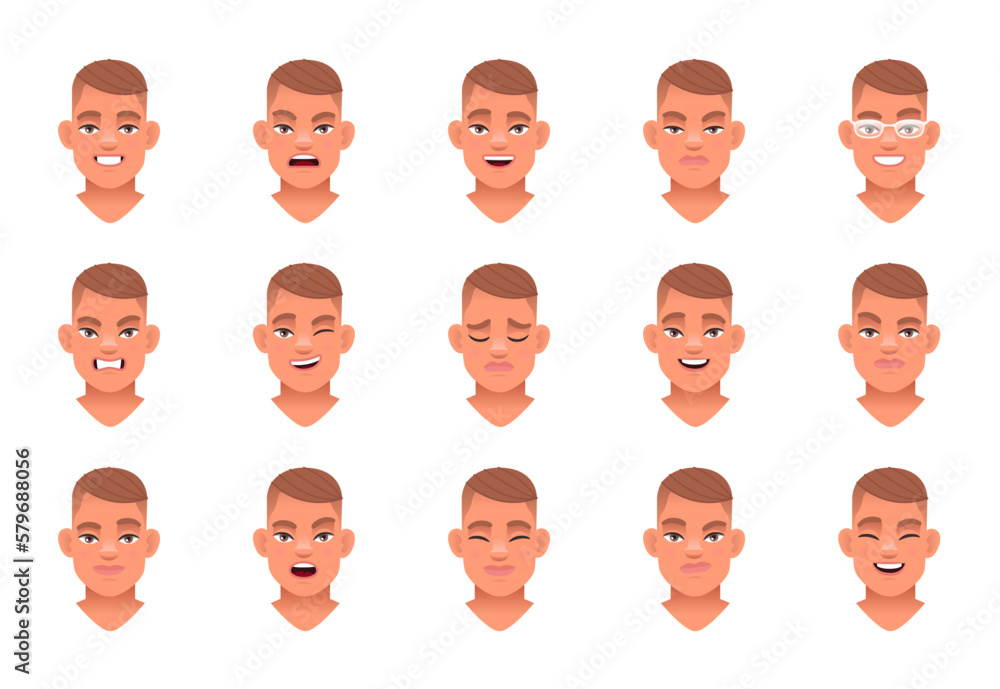 Facial expression of a handsome young man. Set of various emotions of a cute white guy. Smile, happiness, anger, joy, surprise, fear, etc. Facial expression of a handsome young man. Set of various emotions of a cute white guy. Smile, happiness, anger, joy, surprise, fear, etc.