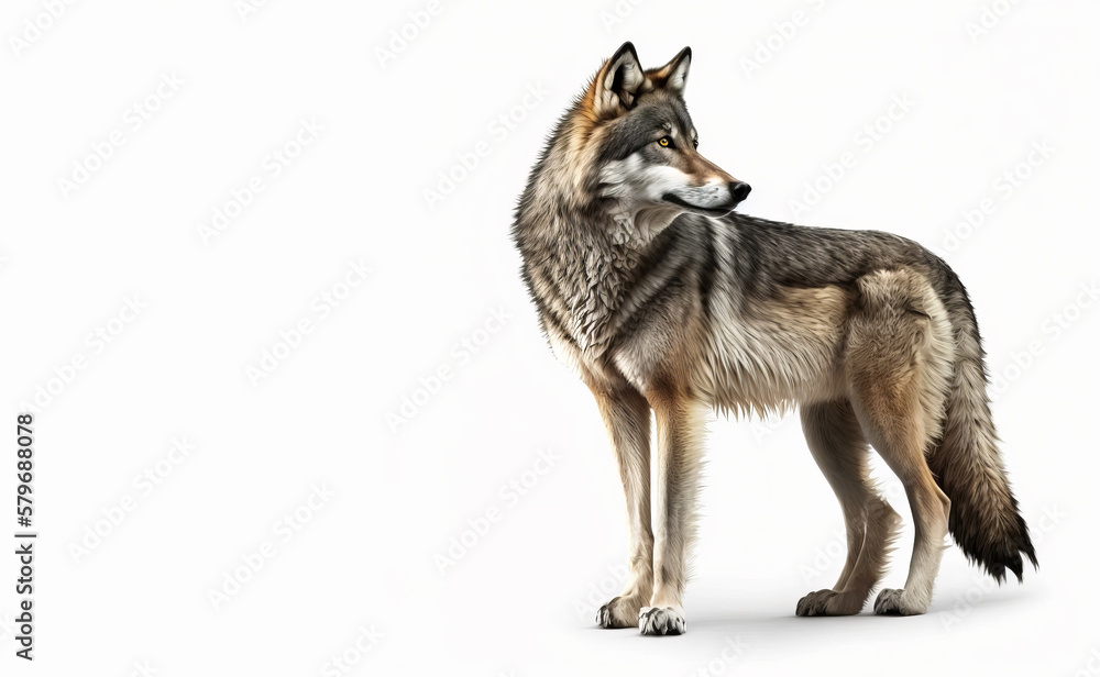An image of wolf standing on white background. Generative AI.