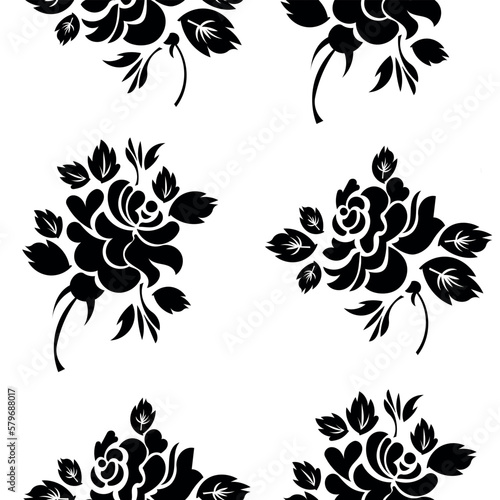 Black and white pattern, stylish floral design. Decorative seamless pattern of roses. Endless stylish texture. Template for textile design, backgrounds, wrappers, packaging