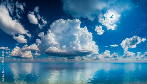 An image of blue ocean with clouds in the sky. Generative AI.
