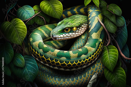 Image of snake with green leaves. Generative AI.