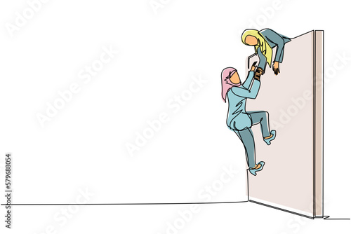 Single one line drawing Arabic businesswoman helping another woman climb wall. Confident successful leading businesswoman helping another one to get over brick wall. Continuous line draw design vector