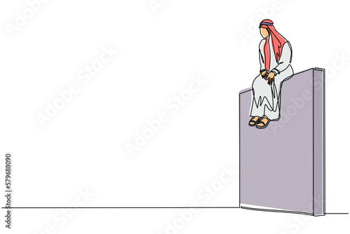 Continuous one line drawing Arab businessman sad sitting on wall thinking of profit loss, crisis and financial losses in the trading market. Evaluation business concept. Single line draw design vector