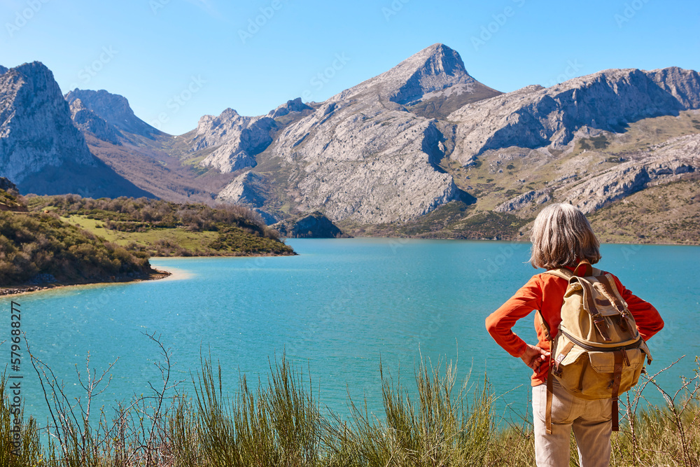 Beautiful turquoise waters reservoir and mountain landscape in Riano. Spain