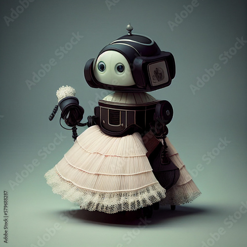 Robot Maid Artificial Intelligence Steampunk Style with French Maid Style dress on blank silver background| Generative AI