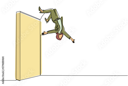 Continuous one line drawing businesswoman jumping over brick wall with acrobatic over head style to achieve his goal. Businesswoman jumping over the wall of barriers. Single line draw design vector