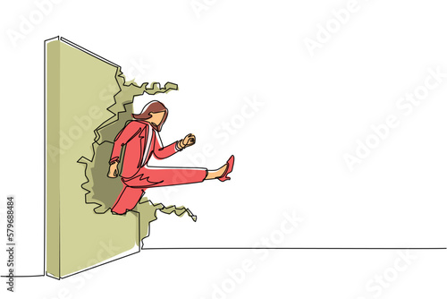 Single one line drawing businesswoman run and breaking through brick wall. Leadership concept. Business concept of obstacle and solution. Modern continuous line draw design graphic vector illustration