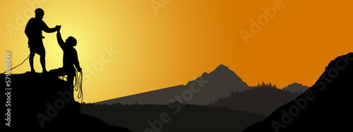 Climb climber adventure hobby vector illustration for logo - Black silhouette of two climbers on a cliff rock with mountains landscape and sunset sunrise as a background