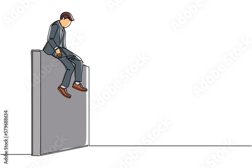 Continuous one line drawing businessman sad sitting on wall thinking of profit loss, crisis and financial losses in the trading market. Evaluation business concept. Single line draw design vector