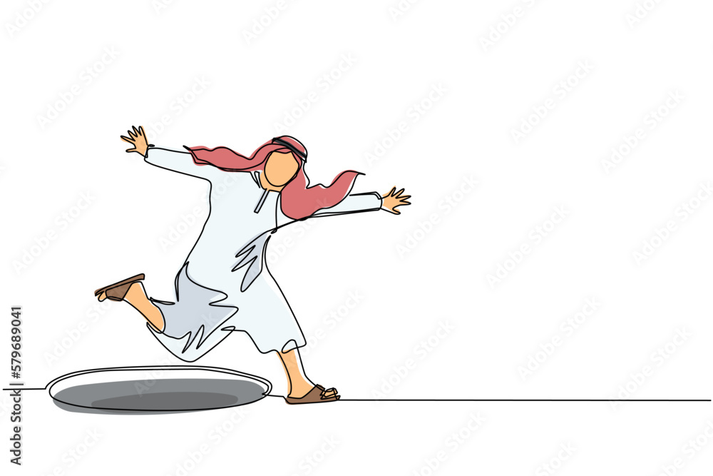 Obraz premium Continuous one line drawing Arabian businessman jumping through the hole, metaphor to facing big problem. Business struggles. Strength for success. Single line draw design vector graphic illustration