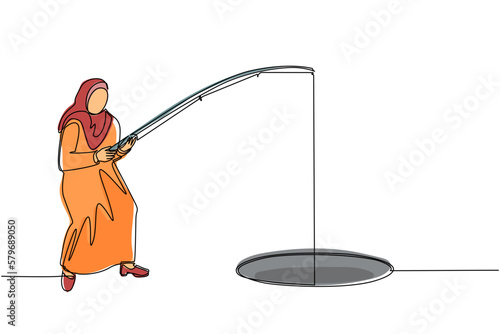 Single one line drawing Arabian businesswoman holding fishing rod from hole. Woman fishing with rod. Business investment concept. Make money from idea. Continuous line draw design vector illustration