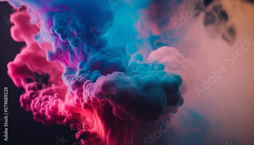 Multicolored puffy smoke swirls in shades of pink and blue. Dreamy and vibrant, the smoke creates a sense of movement and depth. Creative design background for poster, banner, web. Generative AI.