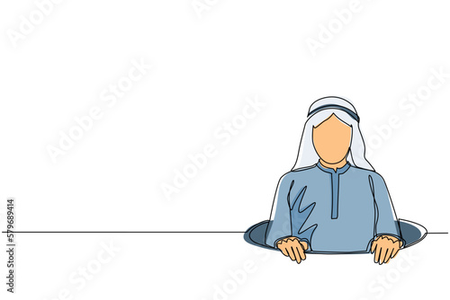 Single one line drawing Arabian businessman trying to get out of from hole, metaphor to facing big problem. Business struggles. Strength for success. Continuous line design graphic vector illustration