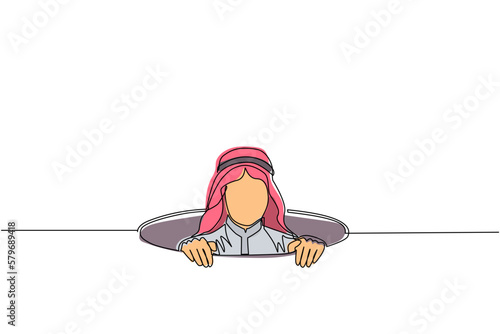 Single one line drawing Arabic businessman emerges from hole. Concept of failure to take advantage of business opportunities. Depressed and business failure. Continuous line draw design graphic vector