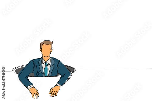 Single continuous line drawing businessman trying to get out of from hole, metaphor to facing big problem. Business struggles. Strength for success. One line draw graphic design vector illustration
