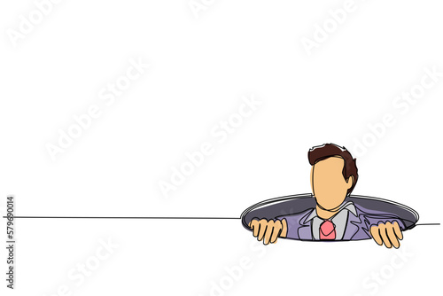 Single one line drawing businessman emerges from hole. Concept of failure to take advantage of business opportunities. Depressed and business failure. Continuous line draw design vector illustration