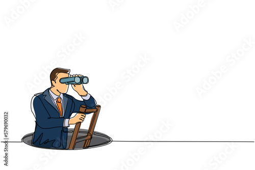 Single one line drawing businessman climbs out of the hole by ladder and using binocular. Business vision and solution concept. Symbol of challenge. Modern continuous line draw design graphic vector
