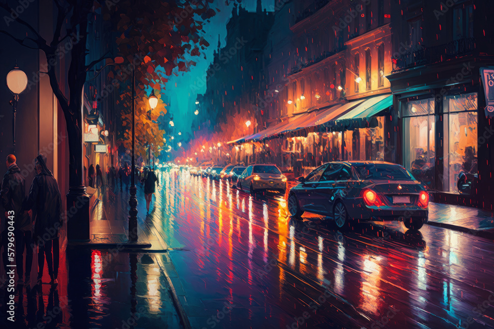 rainy street at night. Generative AI.