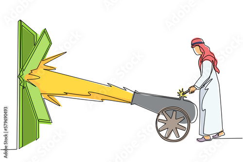 Continuous one line drawing Arab businessman ignites cannon in front of door and destroying door. Eliminating barrier of entries, destroying obstacles with brute force. Single line draw design vector