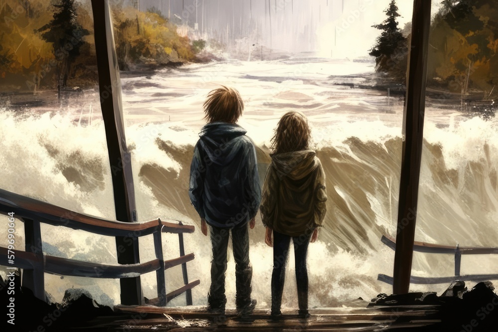 Two siblings stand on a bridge overlooking a raging river during a flood, holding hands tightly as they watch the water below, concept, AI generation. - obrazy, fototapety, plakaty 