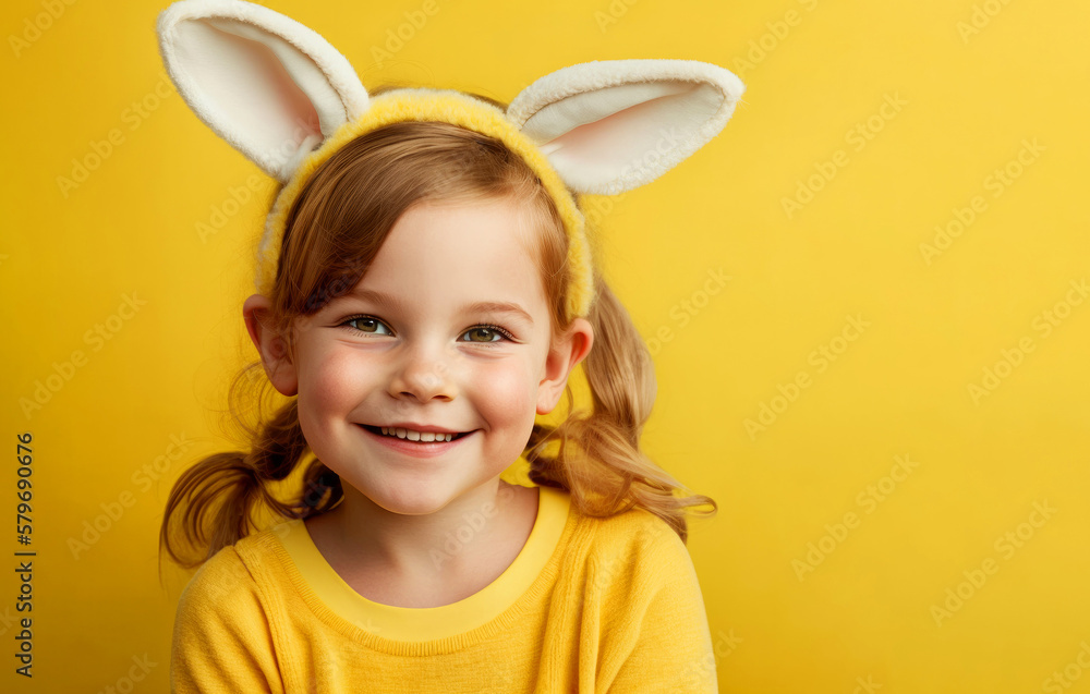 Portrait of a happy girl wearing spring easter bunny ears. Generative ai Portrait of a happy girl wearing spring easter bunny ears. Generative ai