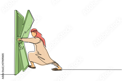 Continuous one line drawing Arabian businessman punching and destroying door. Eliminating barrier of entries, overcome challenges, destroying obstacles with power force. Single line draw design vector