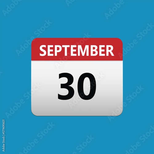 30th September calendar icon. September 30 calendar Date Month icon. Isolated on blue background