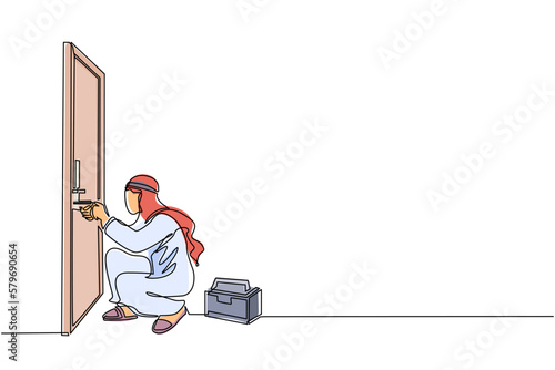 Continuous one line drawing Arabian businessman prying doorknob with screwdriver. Man repair broken handle door knob with handyman tool in tool box. Business concept. Single line draw design vector
