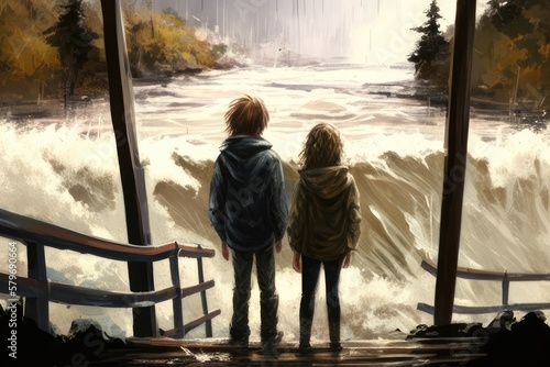 Two siblings stand on a bridge overlooking a raging river during a flood, holding hands tightly as they watch the water below, concept, AI generation.