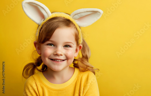 Portrait of a happy girl wearing spring easter bunny ears. Generative ai