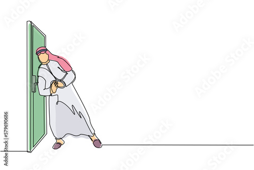 Continuous one line drawing Arabian businessman running wants to break down the door. Business struggle. Strength for success. Opening closed doors. Single line draw design vector graphic illustration