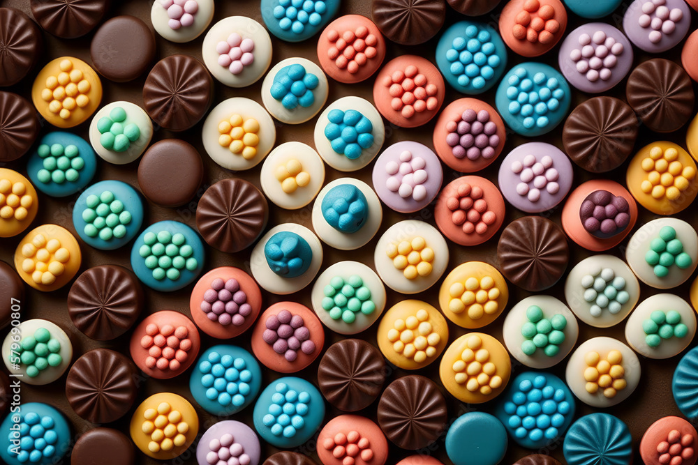 Colorful chocolate candies are arranged in pattern. Generative AI.