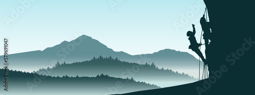 Climb climber sadventure hobby vector illustration for logo - Black silhouette of two climbers on a cliff rock with blue misty fog mountains landscape in the morning as a background