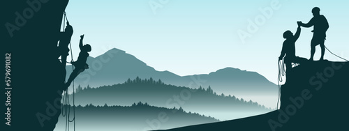 Climb climber sadventure hobby vector illustration for logo - Black silhouette of two climbers on a cliff rock with blue misty fog mountains landscape in the morning as a background