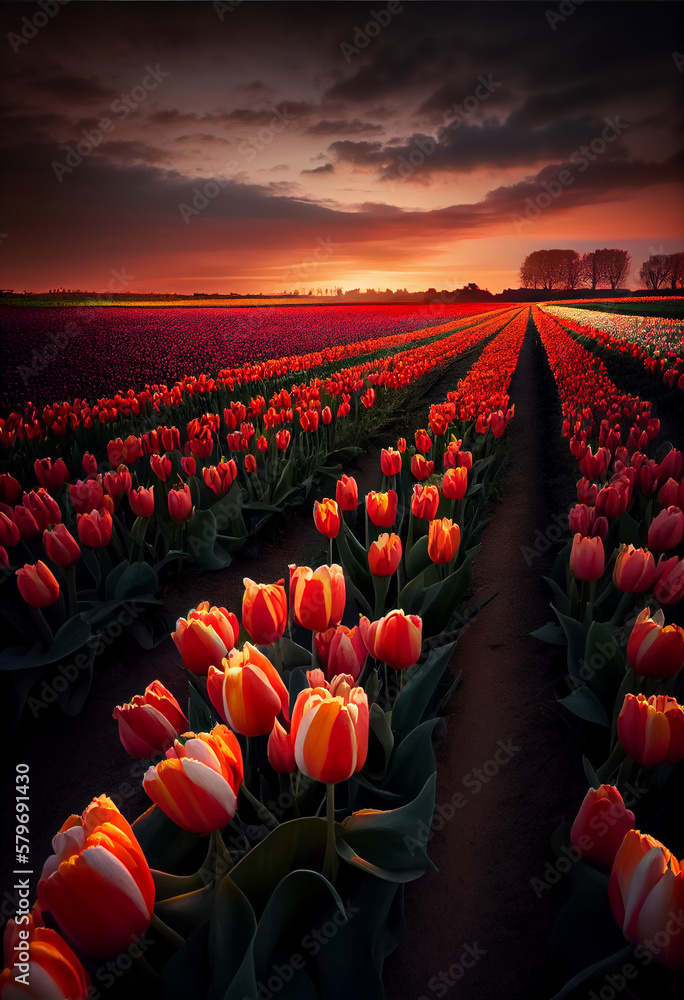 Tulip fields in the Netherlands in spring. AI generated