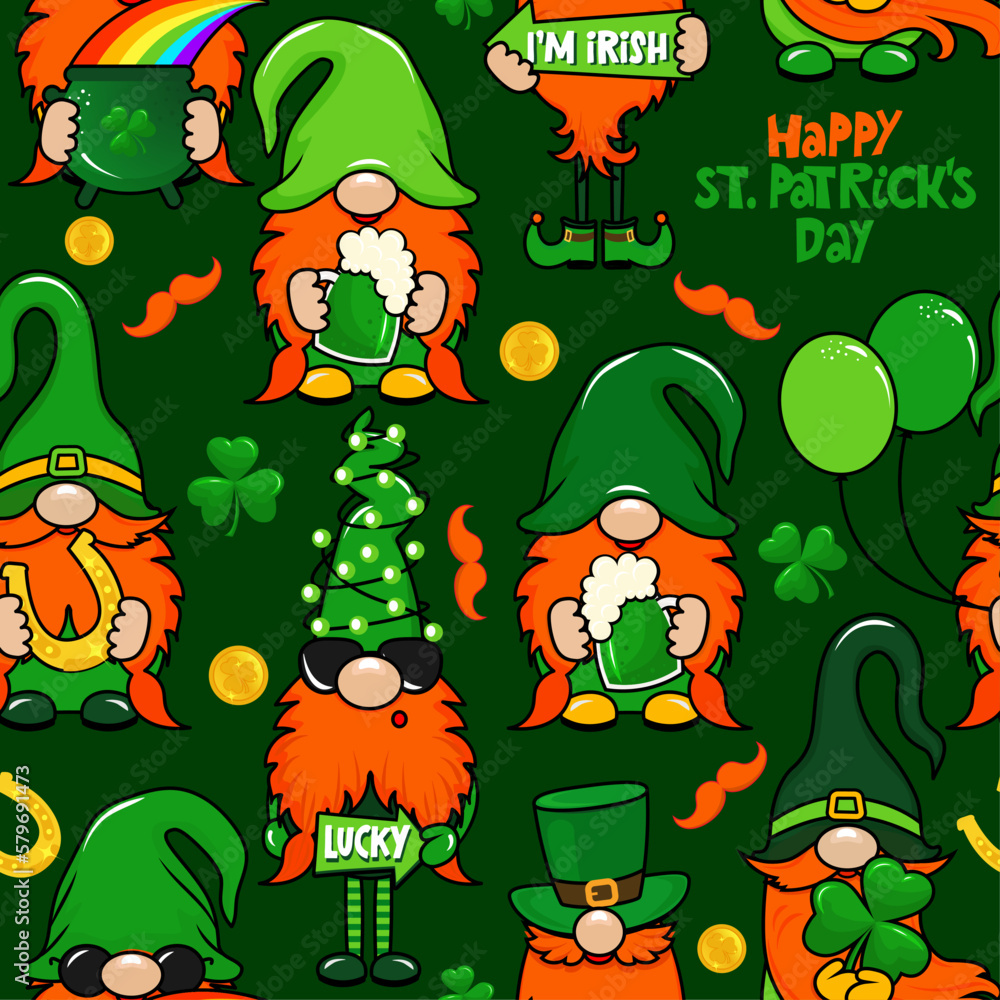 Obraz premium Saint Patrick's Day pattern with Irish leprechauns. Shenanigans lucky charm clover funny quote. Kiss me, I am Irish. Colorful print for poster, card, textiles, wallpaper, backgrounds.