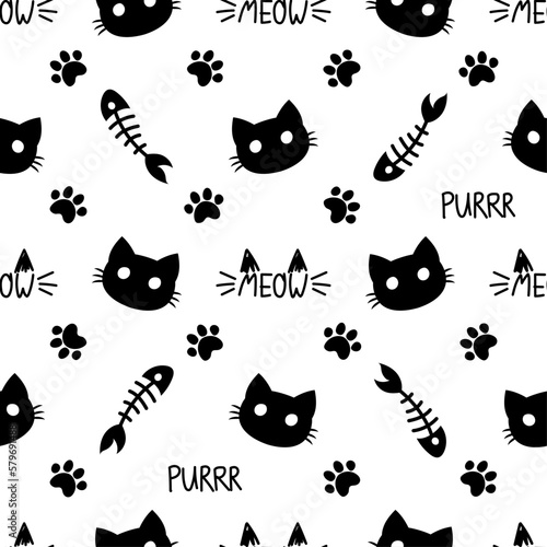 Cute cat paw, fishbone and face pattern - funny vector drawing seamless pattern. Lettering poster or t-shirt textile graphic design. Cute illustration. wallpaper, wrapping paper.